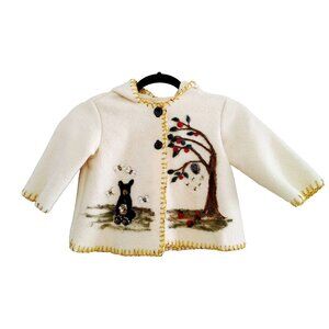 Handmade Girls Wool Hooded Coat 2 Button Graphic Bear Bees Jacket